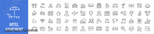 Hotel and apartament web icons in line style. Rental, reservation, hotel booking, room, parking, travel, service, airport, collection. Vector illustration.