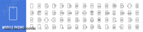 Mobile phone web icons in line style. Smartphone, telephone, call, chat, voice, message, mail, pay, pin, live, collection. Vector illustration.