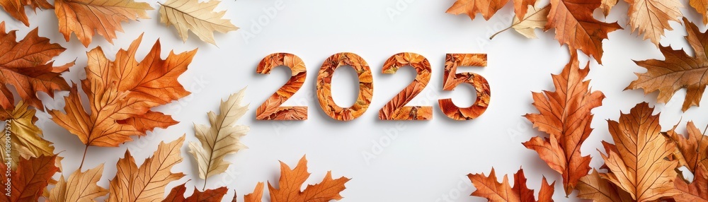 Year-end concept featuring New Year 2025 countdown. A creative arrangement of autumn leaves forms the year Year-end concept featuring New Year 2025 countdown. A creative arrangement of autumn leaves forms the year