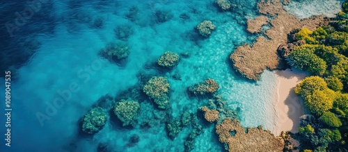 Aerial View of Tropical Coastline with Coral Reefs