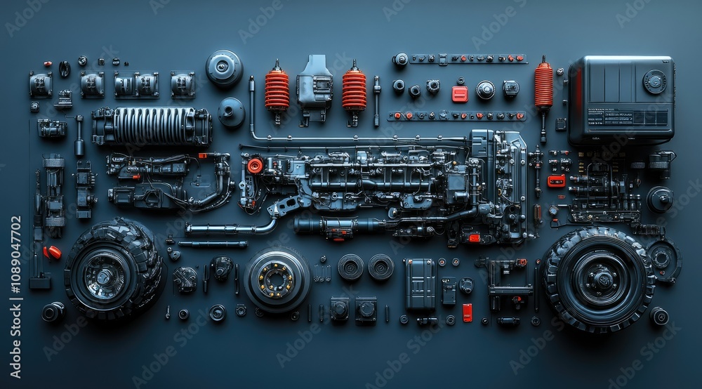 Disassembled vehicle parts arranged on dark background.