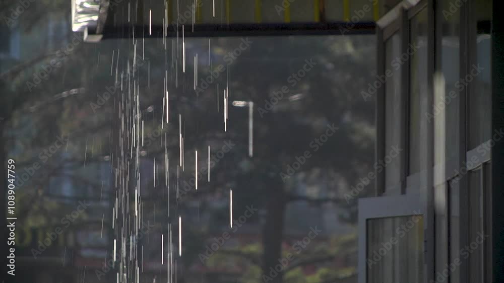Drops fall from the roof and splashes fly from them. Drops fall from the roof and splashes fly from them.
