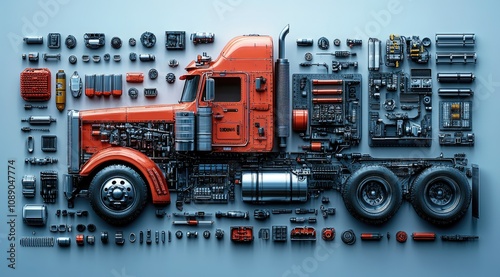 Disassembled red big rig truck with parts displayed around it on a light blue background.