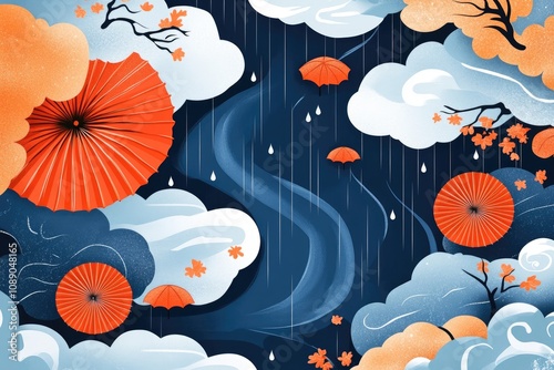 Traditional japanese umbrellas falling through cloudy sky with rain and autumn leaves photo