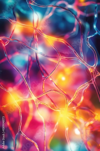 Colorful nerve signals illustrated as glowing pulses, moving fluidly through an abstract background, energy visualizing the brain s communication