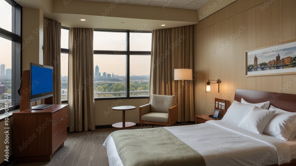 Modern hotel room features a cozy bed, sitting area, TV and large windows with stunning city views, creating a relaxing and cozy atmosphere for guests. Modern hotel room features a cozy bed, sitting area, TV and large windows with stunning city views, creating a relaxing and cozy atmosphere for guests.