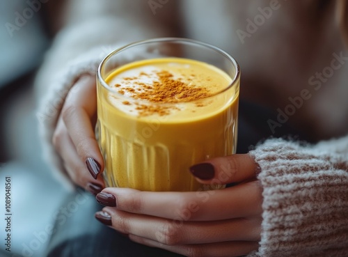 Caucasian female holding glass of turmeric latte with sweater-sleeved hands photo