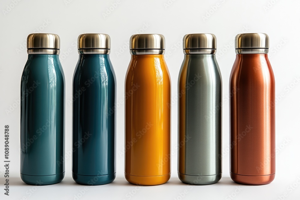 Five reusable colorful metal water bottles standing in a row on white background Five reusable colorful metal water bottles standing in a row on white background