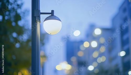 Illuminated street lamp on a blurred city background during twilight.