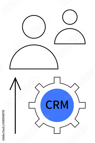 Two user icons, upward arrow, and gear labeled CRM in blue. Ideal for business growth, automation, customer management, data analysis, sales strategy, user interface design and corporate