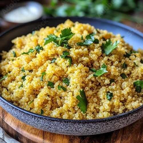 A golden quinoa pilaf plated with fresh herbs, rich color and texture capturing the warmth and health benefits of this veganfriendly meal photo