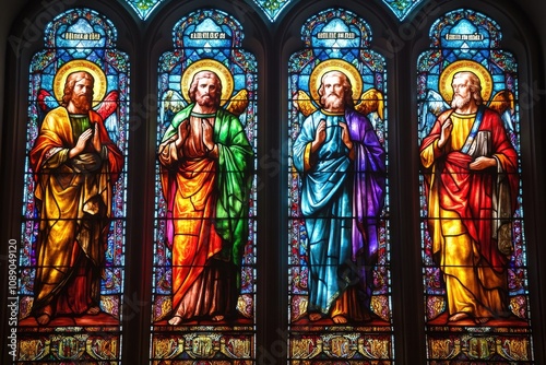 Four apostles praying in stained glass window depicting religious figures photo