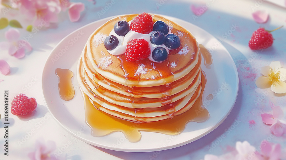 Stack of fluffy pancakes drizzled with syrup and topped with berries in a vibrant setting Stack of fluffy pancakes drizzled with syrup and topped with berries in a vibrant setting