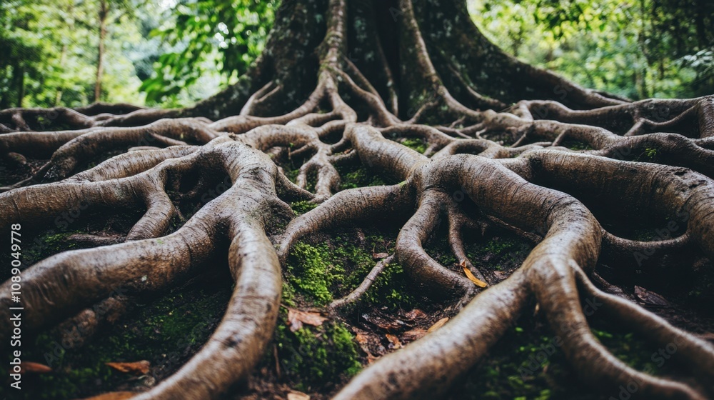 Intricate Root System of a Majestic Tree with Lush Green Foliage in a Serene Forest Setting, Showcasing Nature's Beauty and Resilience in a Close-Up View