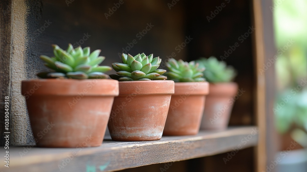 Close-up of Well-Arranged Potted Succulents in Terra Cotta Pots on Wooden Shelf with Natural Light for Home Decor Inspiration and Gardening Ideas Close-up of Well-Arranged Potted Succulents in Terra Cotta Pots on Wooden Shelf with Natural Light for Home Decor Inspiration and Gardening Ideas