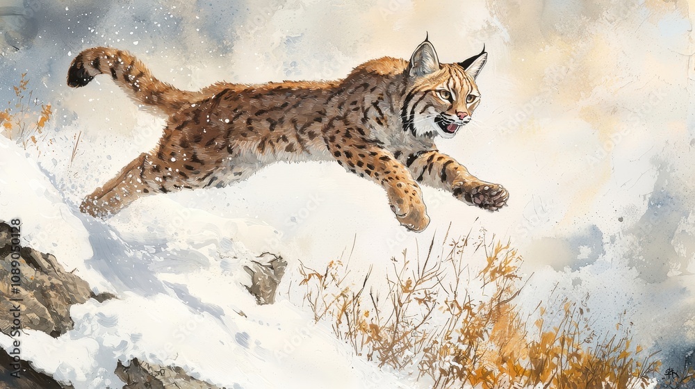 Obraz premium Bobcat Leaping Over Snowbank During Migration Towards Warmer Regions in a Majestic Natural Landscape Captured in Vibrant Detail