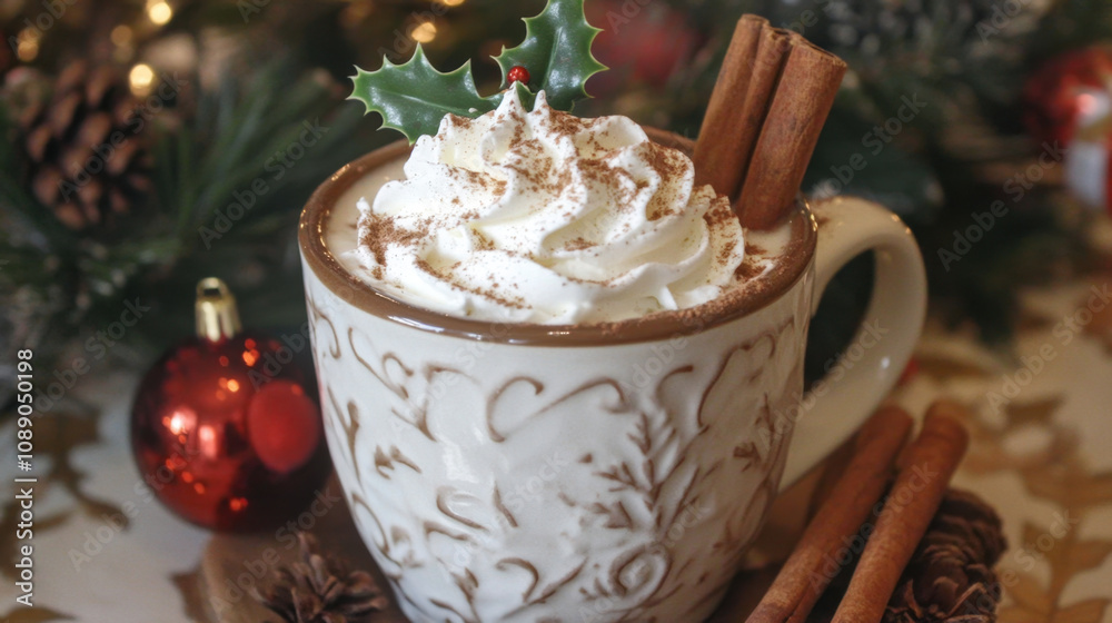 A close-up of a hot cup of cocoa with whipped cream A close-up of a hot cup of cocoa with whipped cream