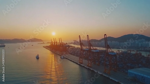 Breathtaking Aerial View of Port at Sunset with Cranes and Ships in Celestial Glow Over Water and Mountains in the Background photo