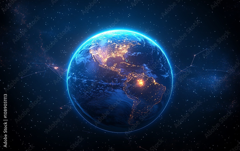 Fototapeta premium Digital Earth planet with network connections, blue glowing light effect, global connectivity, hightech background, technological world view