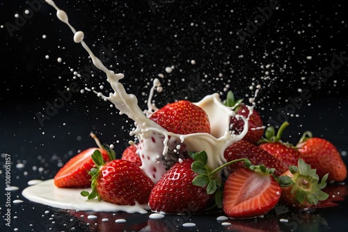 strawberries with splashes of juice and cream isolated on a black background, fruit arrangement, sweet indulgence, breakfast inspiration