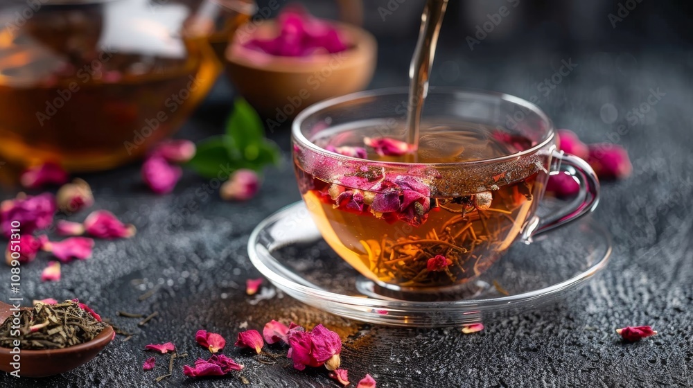 herbal flower tea from the petals of rose in a glass cup on dark gray background herbal flower tea from the petals of rose in a glass cup on dark gray background