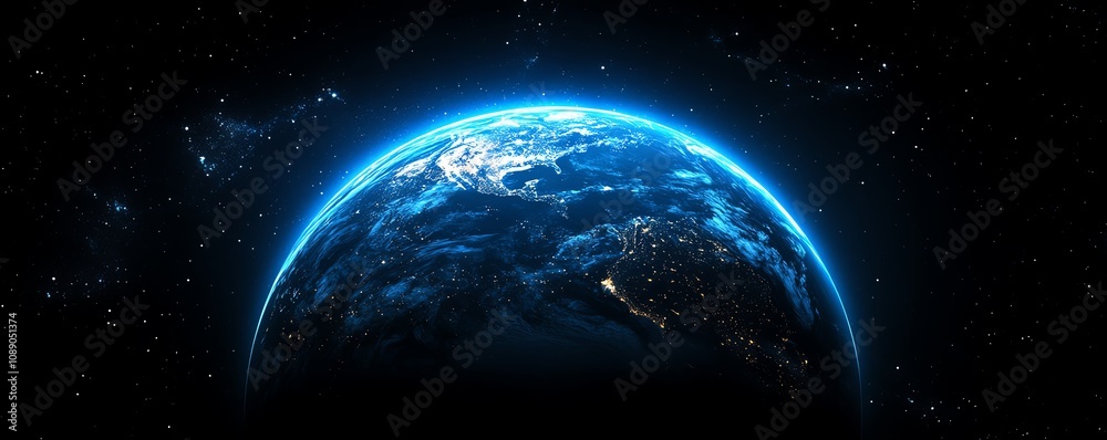 Obraz premium Digital planet Earth on technology background, network and global connectivity concept, blue glowing light effect, futuristic world, technological innovation