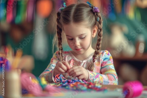 Little girl wearing apron concentrating during arts and crafts activity in preschool classroom photo