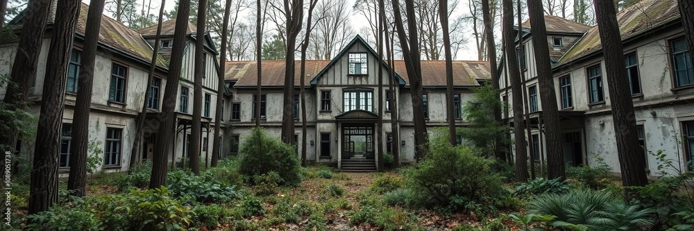 Abandoned asylum in the woods with broken windows and overgrown gardens, eerie forests, abandoned asylums Abandoned asylum in the woods with broken windows and overgrown gardens, eerie forests, abandoned asylums