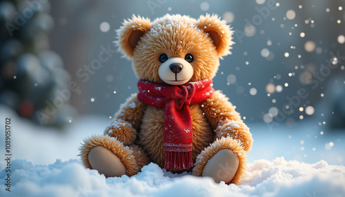 Teddy bear wear red scarf in snow