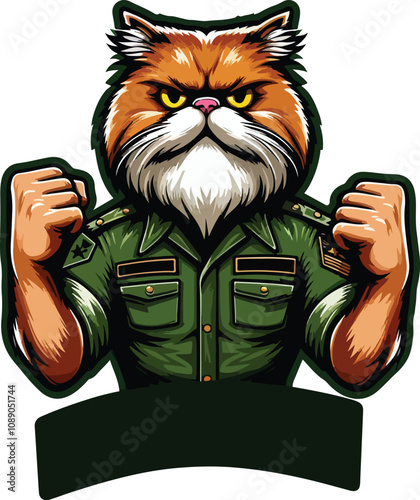 The Persian cat mascot is wearing a green army t-shirt with clenched fist pose