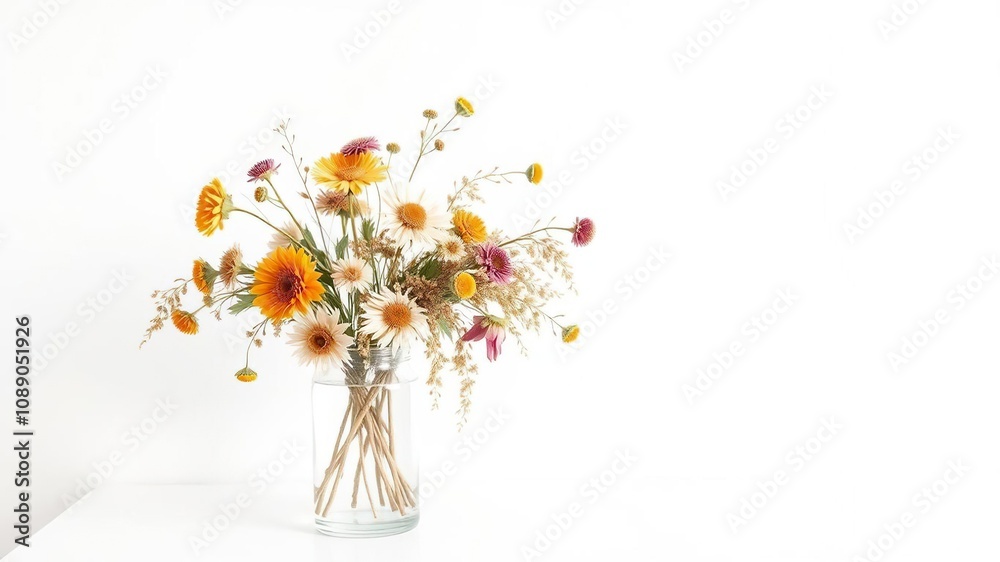 A beautiful arrangement of dried flowers in a clear glass vase on a clean and simple white background, earthy tones, natural elements A beautiful arrangement of dried flowers in a clear glass vase on a clean and simple white background, earthy tones, natural elements