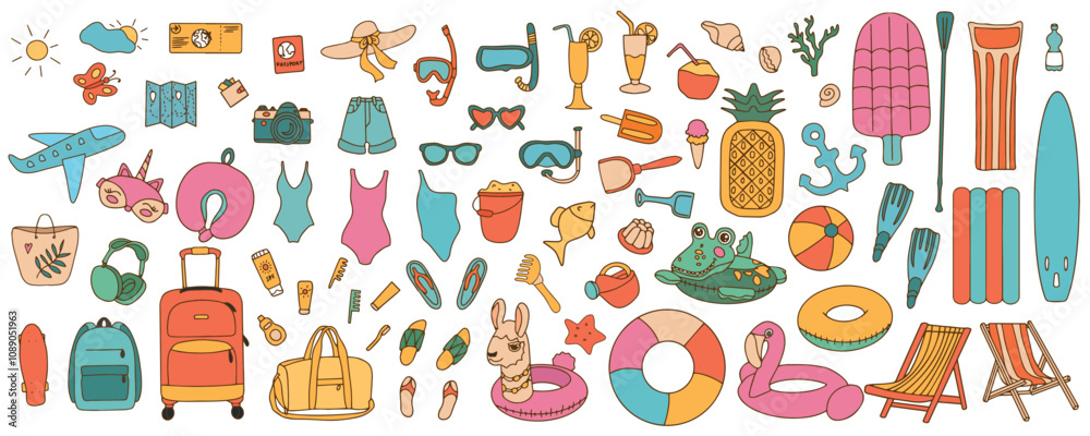 Set of cute summer beach and travel elements in doodle style. Bright colorful icons of elements for relaxation Set of cute summer beach and travel elements in doodle style. Bright colorful icons of elements for relaxation