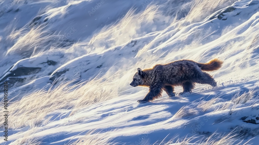 A solitary creature navigating the snowy tundra landscape, showcasing resilience and beauty amidst harsh conditions during migration in a frozen wilderness setting. A solitary creature navigating the snowy tundra landscape, showcasing resilience and beauty amidst harsh conditions during migration in a frozen wilderness setting.