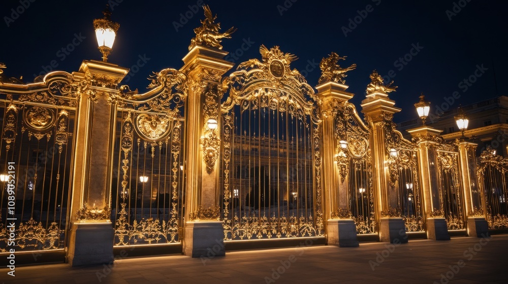 Fototapeta premium Exquisite Golden Gate at Night with Illuminated Lanterns and Ornate Details, Showcasing Architectural Splendor and Elegance of Historic Landmark