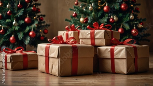 Colorful Christmas presents wrapped in brown paper and red ribbons lie under a beautifully decorated tree, creating a festive and joyful atmosphere for the holiday season.