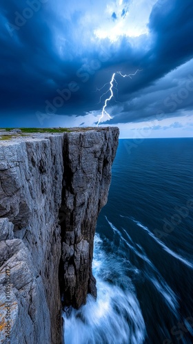 A lightning bolt strikes over the ocean from a cliff photo