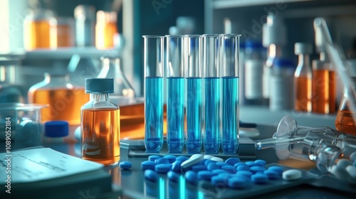 A bottle of blue liquid is being poured into a beaker. There are several other beakers and bottles on the table