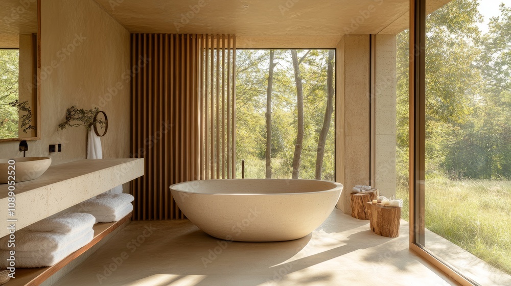 Warm beige bathroom featuring a freestanding tub, simple sink design, vertical wooden slats, and a large panoramic window showcasing outdoor tranquility. Warm beige bathroom featuring a freestanding tub, simple sink design, vertical wooden slats, and a large panoramic window showcasing outdoor tranquility.