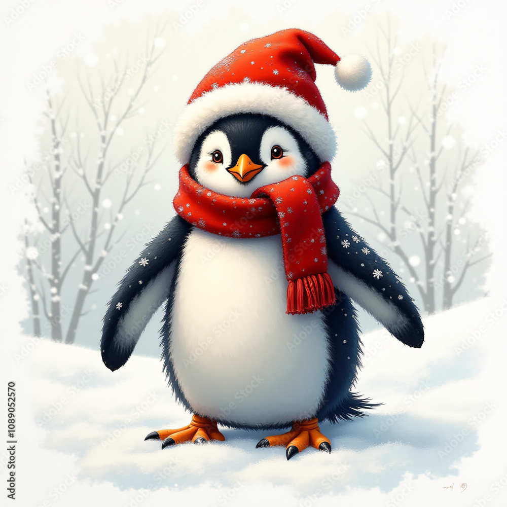 penguin wera santa cluas hat and red scarf