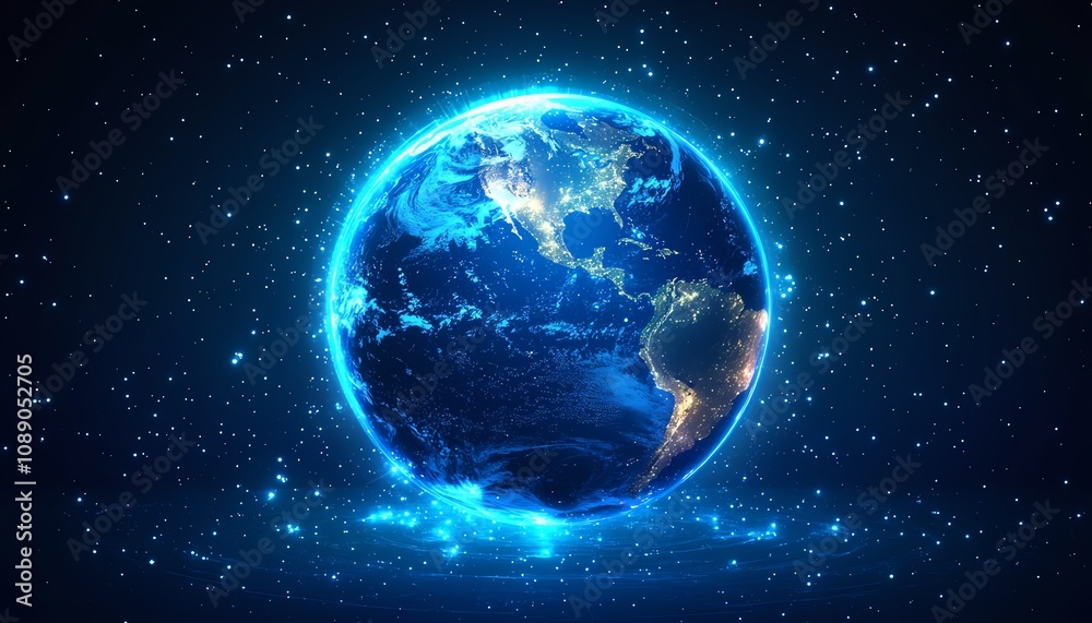 Obraz premium Earth as a digital planet with blue glowing lights, technology background, global connectivity, network concept, futuristic data and communication