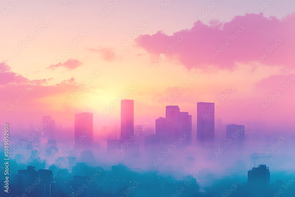 Dreamy Cityscape: Pastel Sunrise over Fog-Shrouded Skyscrapers. A captivating urban landscape bathed in soft pink, purple, and blue hues at dawn.