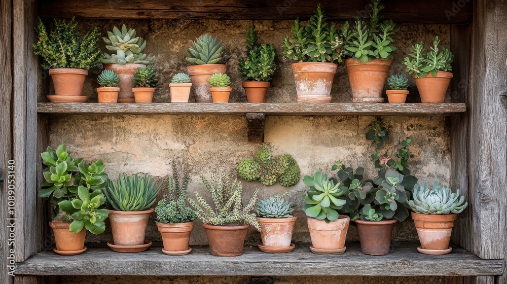 A Vibrant Display of Succulent Plants in Rustic Terracotta Pots Arranged on Wooden Shelves Creating a Charming Indoor Garden Aesthetic A Vibrant Display of Succulent Plants in Rustic Terracotta Pots Arranged on Wooden Shelves Creating a Charming Indoor Garden Aesthetic