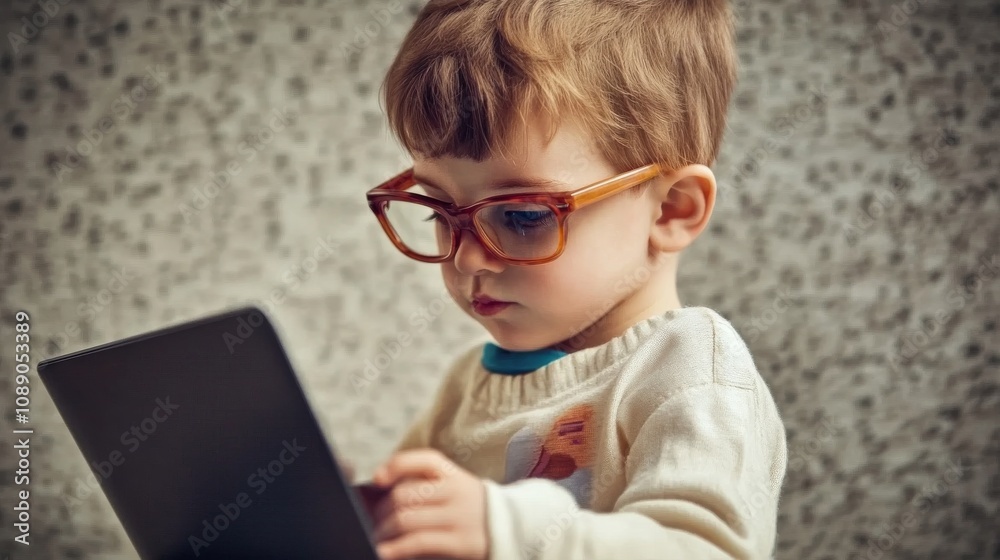 Child with glasses using a laptop computer Child with glasses using a laptop computer