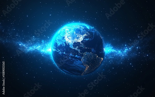 Planet Earth in digital form with blue glowing light effect, network and global connectivity, futuristic technology background, digital world concept