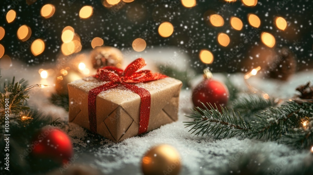 Christmas Card - Gift On Snow - Gold Snowing With Bokeh Lights And Ornament In Fir Branch - Abstract Defocused Background Christmas Card - Gift On Snow - Gold Snowing With Bokeh Lights And Ornament In Fir Branch - Abstract Defocused Background