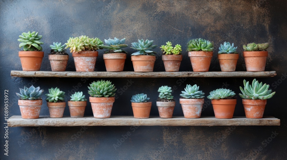 Obraz premium Display of Diverse Succulent Plants in Terra-Cotta Pots on Wooden Shelves Against Dark Background, Ideal for Interior Decor and Gardening Inspiration