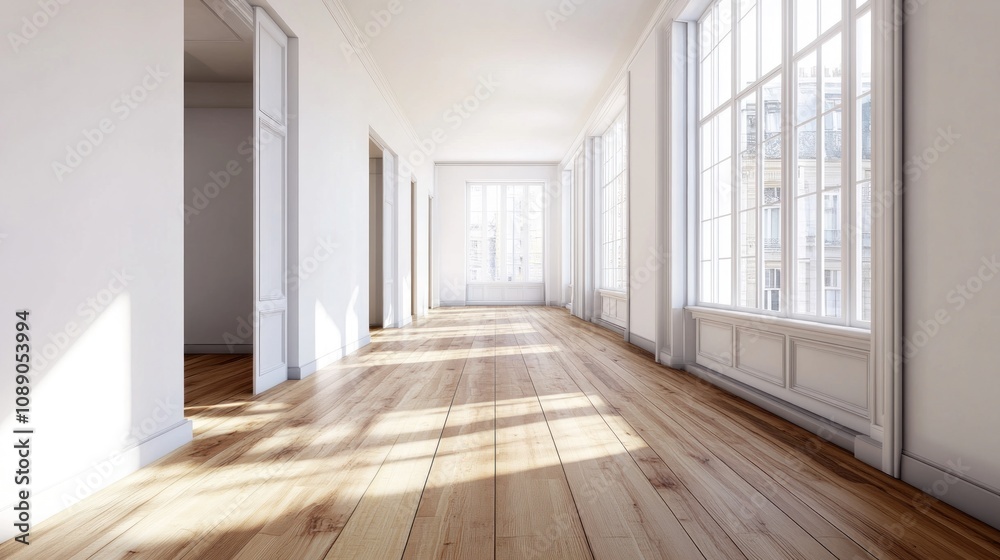 Obraz premium A large room with white walls and wooden floors. There are two windows in the room. The room is empty and has a lot of natural light