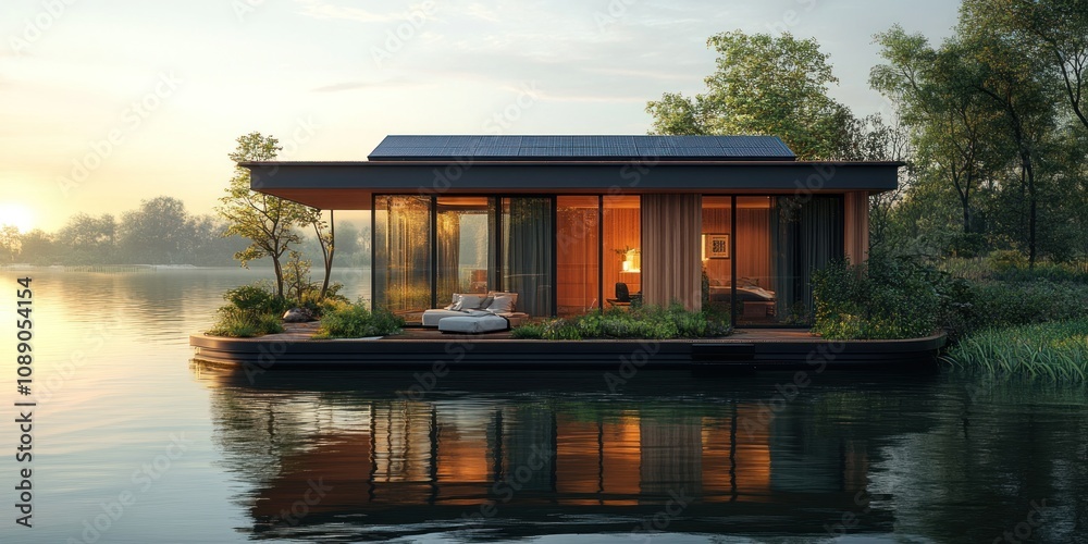 Modern floating house on calm lake at sunset. Modern floating house on calm lake at sunset.