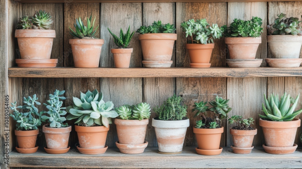 A Beautiful Arrangement of Succulent Plants in Terracotta Pots on a Rustic Wooden Shelf Displaying Fresh Greenery and Natural Beauty A Beautiful Arrangement of Succulent Plants in Terracotta Pots on a Rustic Wooden Shelf Displaying Fresh Greenery and Natural Beauty