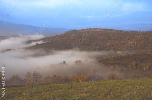 Tourism. Morning fog in the mountains. Hiking in the mountains. photo